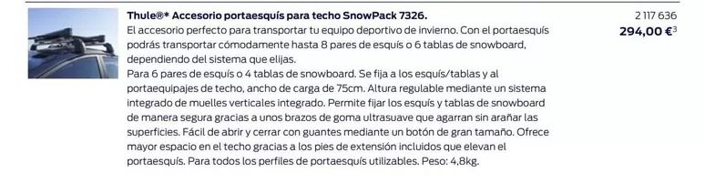 Oferta de Thule - Accesorio Portaesquis Para Techo SnowPack 7326. por 294€ en Ford