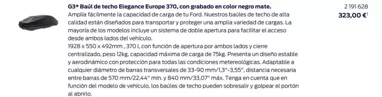 Oferta de G3* Baúl De Techo Elegance Europe 370, Con Grabado En Color Negro Mate por 323€ en Ford