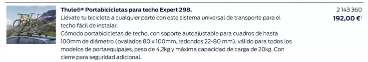 Oferta de Sistema - Thuleder Portabiócletas Para Techo por 12€ en Ford