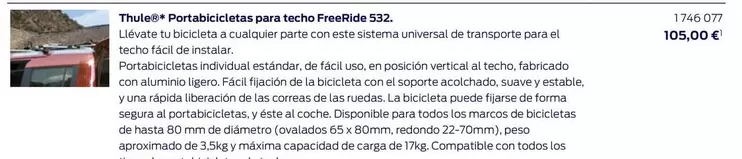 Oferta de Thule - Portabicicletas Para Techo freeRide 532. por 105€ en Ford