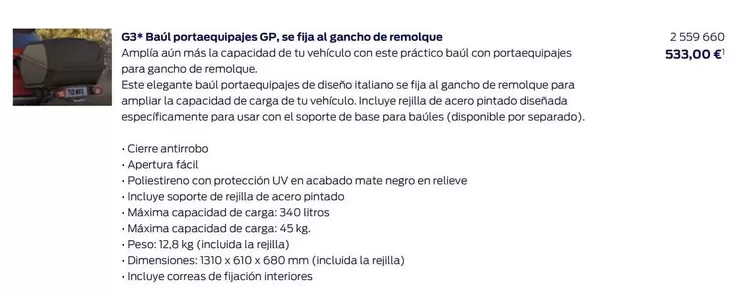 Oferta de G3 - Baul Portaequipajes Gp, Se Fija Al Gancho De Remolque por 533€ en Ford