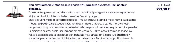 Oferta de Thule - Portabicicletas Trasero Coach 276, Para Tres Bicicletas, Inclinable Y Plegable. por 753€ en Ford