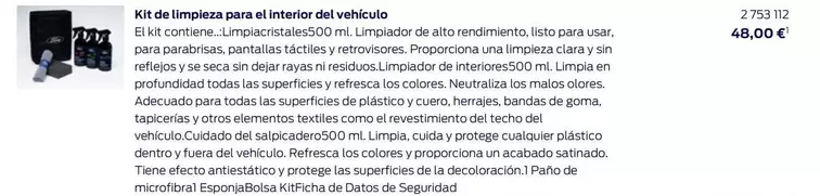 Oferta de Kit De Limpieza Para El Interior Del Vehiculo por 48€ en Ford