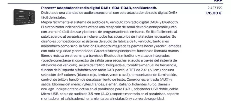 Oferta de Pioneer - Adaptador De Radio Digital DAB+ SDA-11DAB/ Con Bluetooth. por 176€ en Ford