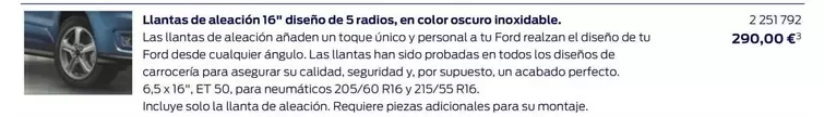 Oferta de Llantas De Aleación 16" Diseno De 5 Radios/ En Color Oscuro Inoxidable. por 290€ en Ford