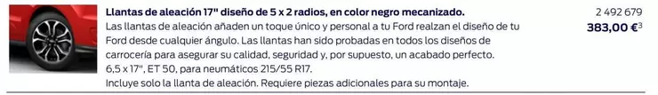 Oferta de Llantas De Aleación 17" Diseno De 5 X 2 Radios/ En Color Negro Mecanizado. por 383€ en Ford