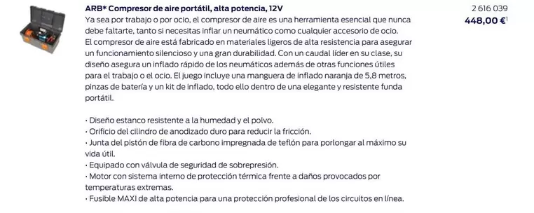 Oferta de ARB Compresor De Aire Portátil Alta Potencia por 448€ en Ford