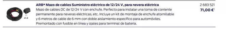 Oferta de ARB* Mazo De Cables Suministro Eléctrico De 12/24 V, Para Nevera Eléctrica por 71€ en Ford