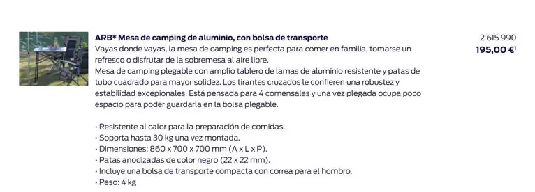 Oferta de Mesa De Camping De Aluminio, Con Bolsa De Transporte  por 195€ en Ford