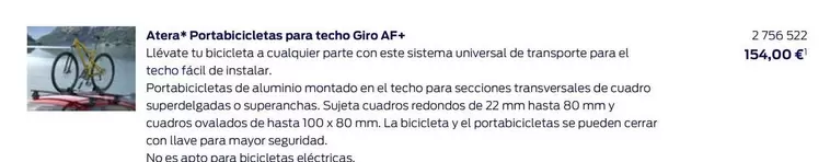 Oferta de Atera* Portabicicletas Para Techo Giro AF+ por 154€ en Ford