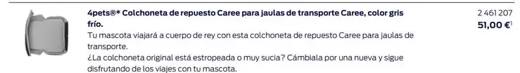 Oferta de 4petsⓇ* Colchoneta De Repuesto Caree Para Jaulas De Transporte Caree, Color Gris Frío por 51€ en Ford