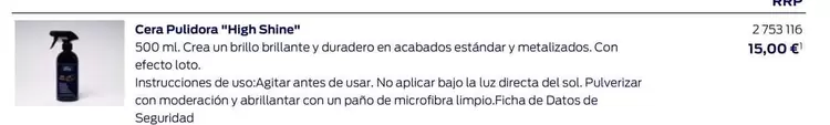 Oferta de Cena Pulidora/ High Shine por 15€ en Ford