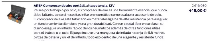 Oferta de ARB* Compresor De Aire Portátil, Alta Potencia, 12V  por 448€ en Ford