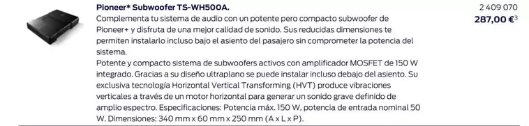 Oferta de Pioneer - Subwoofer TS-WH500A. por 287€ en Ford