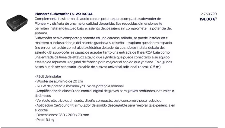 Oferta de Pioneer - Subwoofer TS-WX140DA por 191€ en Ford