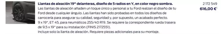 Oferta de Llantas De Aleacion 19" Delanteras/ Diseno De 5 Radios/ En Color Negro Sombra. por 616€ en Ford