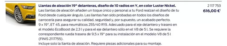 Oferta de Llantas De Aleacion 19" Delanteras/ Diseno De 10 Radios En Y/ En Color Luster Nickel. por 616€ en Ford