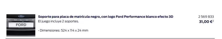 Oferta de Soporte Para Placa De Matricula Negro, Con Logo Ford Performance Blanco Efecto 3D por 31€ en Ford