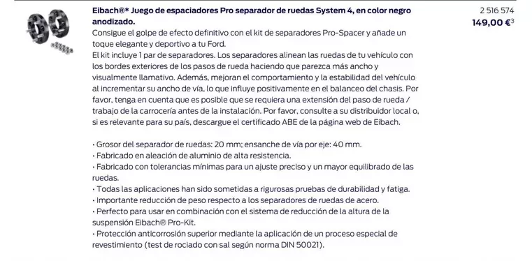 Oferta de Eibach - Juego De Espaciadores Pro Separador De Ruedas System 4, En Color Negro Anodizado. por 149€ en Ford