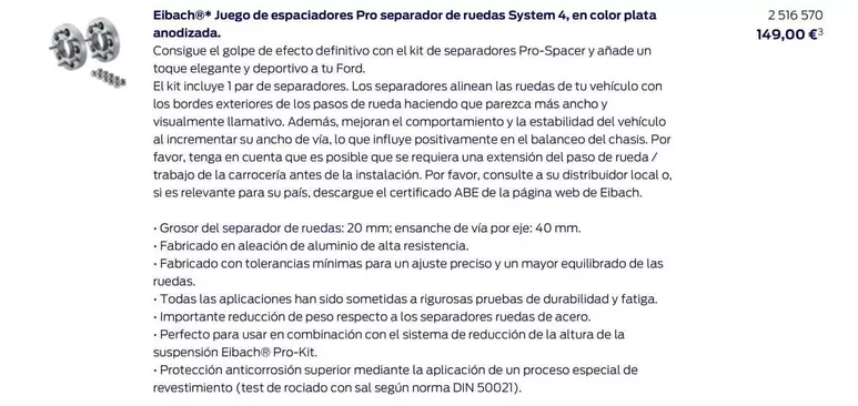 Oferta de Eibach - Juego De Espaciadores Pro Separador De Ruedas System 4, En Color Plata Anodizada. por 149€ en Ford