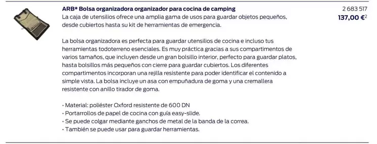 Oferta de ARB - Bolsa Organizadora Organizador Para Cocina De Camping por 137€ en Ford