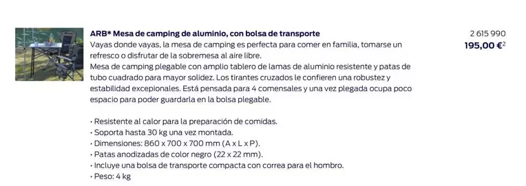 Oferta de ARB - Mesa De Camping De Aluminio, Con Bolsa De Transporte por 195€ en Ford