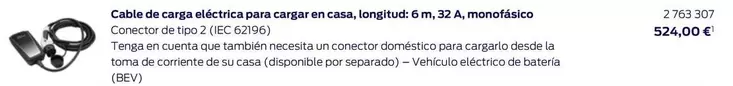 Oferta de Cable De Carga Electrica Para Cargar En Casa, Longitud: 6m, 32 A, Monofasico por 524€ en Ford