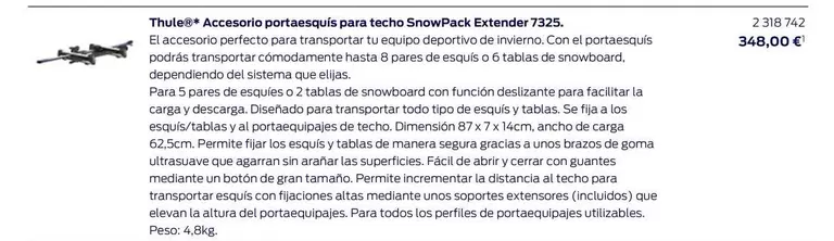 Oferta de Thule - Accesorio Portaesquis Para TechoSnow Pack Extend 7325 por 348€ en Ford