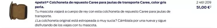 Oferta de 4 Pets®* Colchoneta De Repuesto Caree Para Jaulas De Transporte Caree, Color Gris Perla por 51€ en Ford