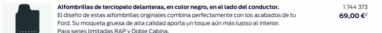 Oferta de Alfombrillas De Terciopelo Delanteras, En Color Negro, En El Lado Del Conductor por 69€ en Ford