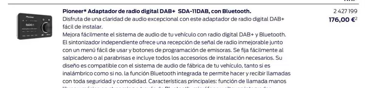 Oferta de Pioneer* Adaptador De Radio Digital DAB+ SDA-11DAB, Con Bluetooth. por 176€ en Ford