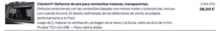 Oferta de Deflector De Aire Para Ventanillas Traseras, Transparentes. por 38€ en Ford