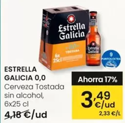 Oferta de Estrella Galicia - 0.0 Cerveza Tostada Sin Alcohol por 3,49€ en Eroski