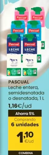 Oferta de Pascual - Leche Entera, Semidesnatada O Desnatada por 1,16€ en Autoservicios Familia