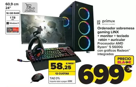 Oferta de Linx - Ordenador Sobremesa Gaming + Monitor + Teclado Ratón + Auricular por 699€ en Carrefour