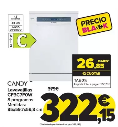 Oferta de Candy - Lavavajillas CF3C7F0W por 322,15€ en Carrefour