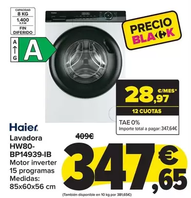 Oferta de Haier - Lavadora HW80-BP14939-IB por 347,65€ en Carrefour