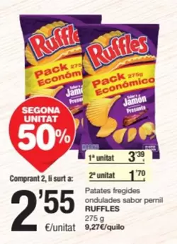 Oferta de Ruffles - Patates Fregides Ondulades Sabor Pernil por 3,39€ en SPAR Fragadis