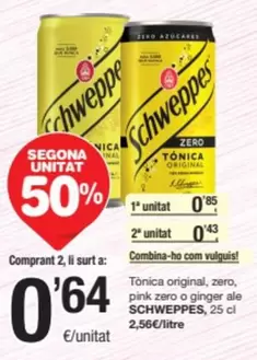 Oferta de Schweppes - Tonica Original, Zero, Pink Zero O Ginger Ale por 0,85€ en SPAR Fragadis