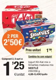 Oferta de Nestlé - Iogurt Kit-kat Mix O Smarties Maduixa Mix por 1,99€ en SPAR Fragadis