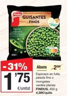 Oferta de Findus - Espinacs En Fulla, Pesols Fins O Mongetes Verdes Planes por 1,75€ en SPAR Fragadis