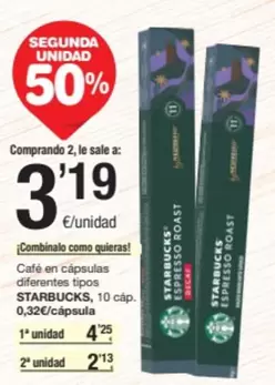 Oferta de Starbucks - Café En Cápsulas Diferentes Tipos por 4,25€ en SPAR Fragadis