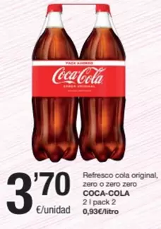 Oferta de Coca-Cola - Refresco Cola Original, Zero O Zero Zero por 3,7€ en SPAR Fragadis