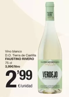 Oferta de Faustino Rivero - Vino Blanco D.o. Tierra De Castilla por 2,99€ en SPAR Fragadis