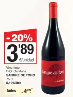 Oferta de Sangre de Toro - Vino Tinto D.o. Cataluna por 3,89€ en SPAR Fragadis