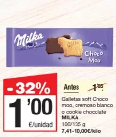 Oferta de Milka - Galletas Soft Choco Moo, Cremoso Blanco O Cookie Chocolate por 1€ en SPAR Fragadis