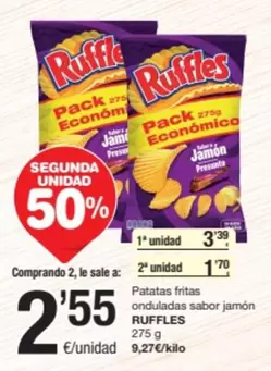 Oferta de Ruffles - Patatas Fritas Onduladas Sabor Jamon por 3,39€ en SPAR Fragadis