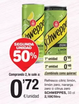 Oferta de Schweppes - Refresco Citrico Limón, Limón Zero, Naranja Zero O Citrus Zero por 0,95€ en SPAR Fragadis