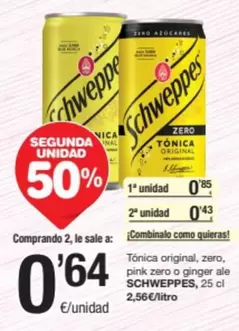 Oferta de Schweppes - Tonica Original, Zero, Pink Zero O Ginger Ale por 0,85€ en SPAR Fragadis