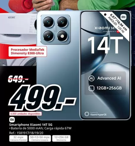 Oferta de Xiaomi - Smartphone 14t 5g por 499€ en MediaMarkt